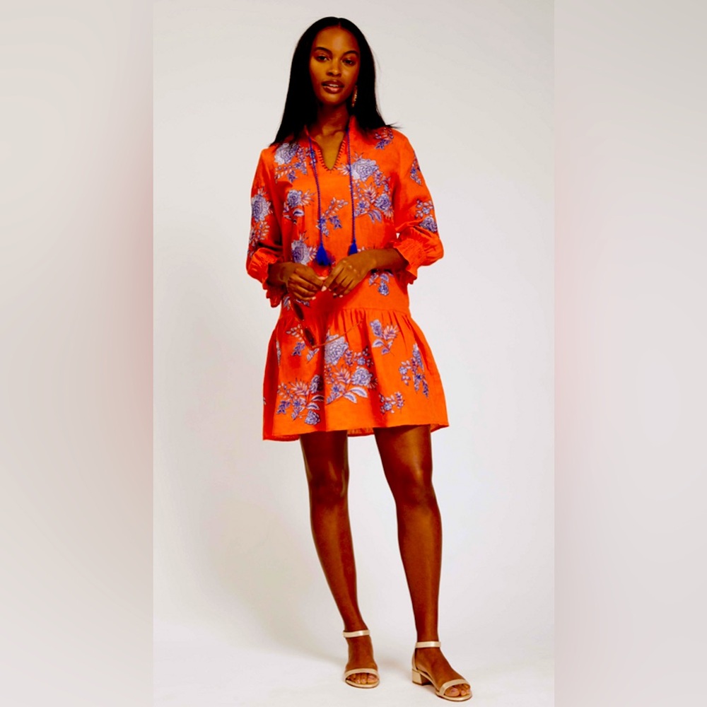 Tyler Boe Vibrant Orange Dress with Blue Floral Design